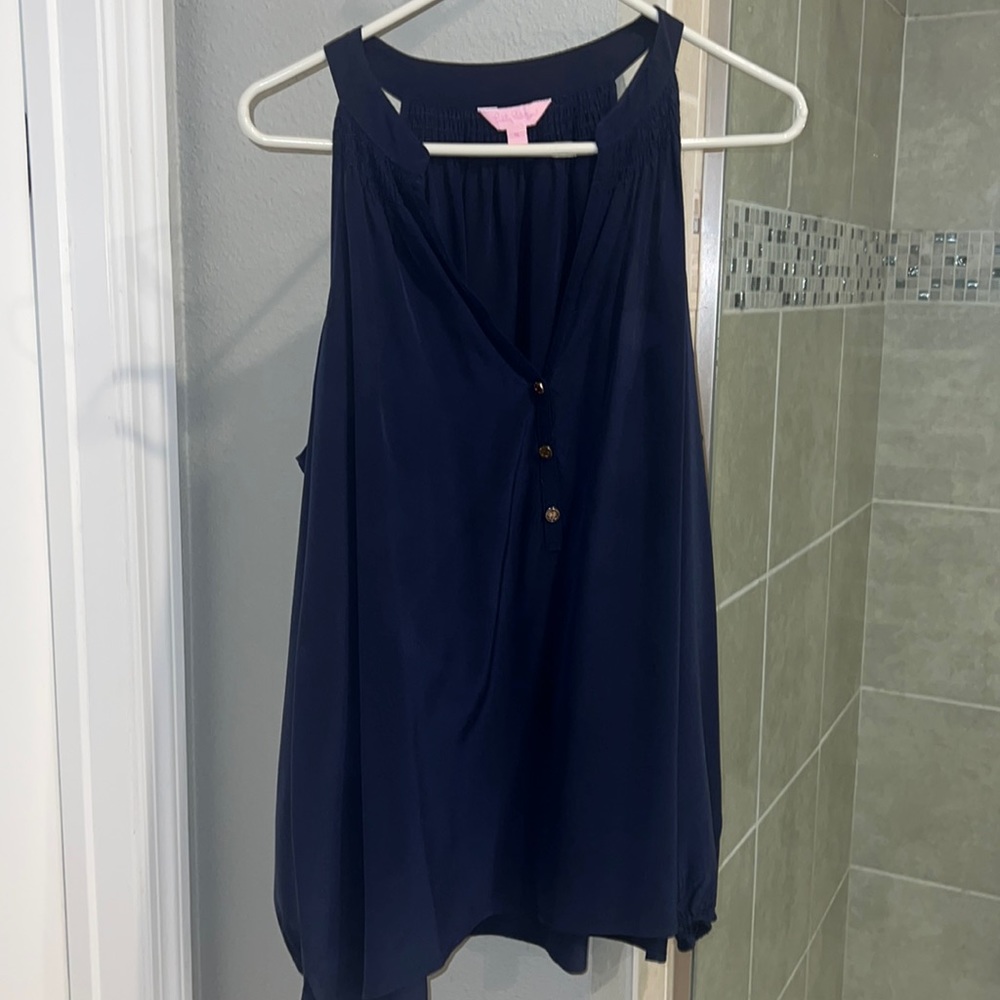 Lilly Pulitzer Elsa Cold Shoulder Cut Out Navy Silk Shirt Size XL